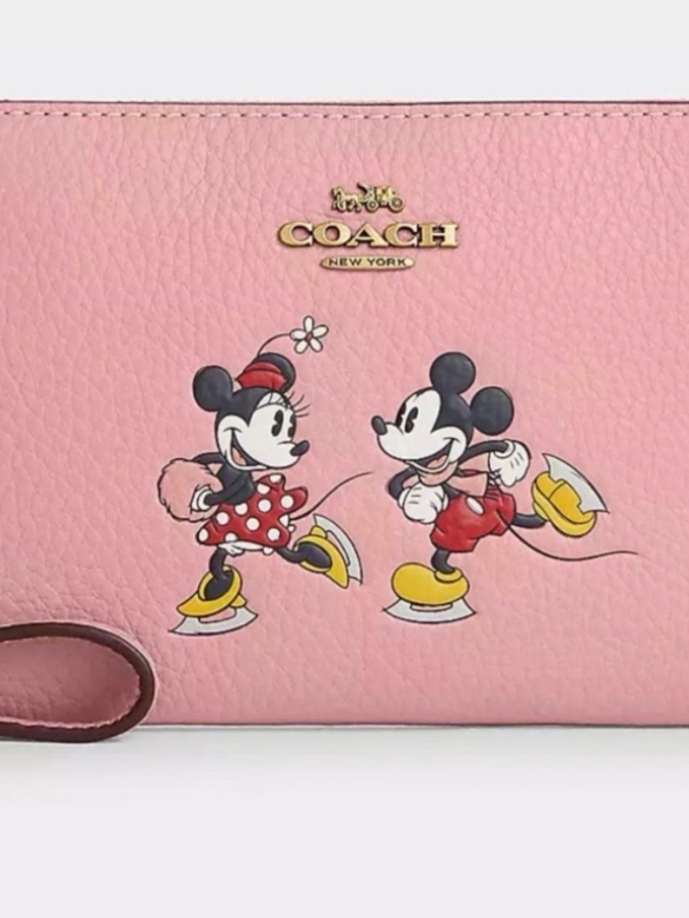 Coach Pink Leather Mickey & Minnie Wristlet with Gold Logo